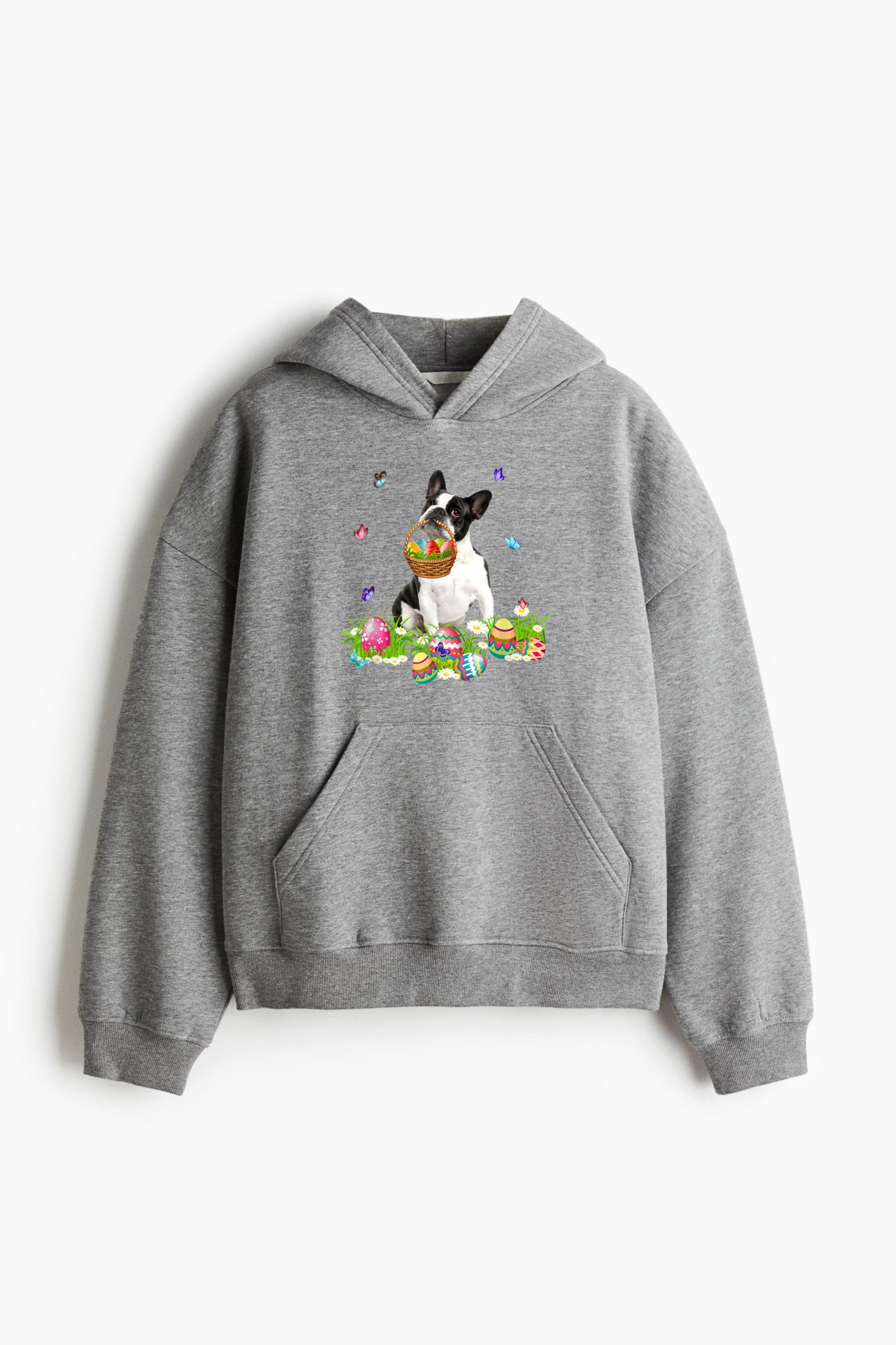 Boston Terrier Bunny Dog With Easter Eggs Basket Butterflies Loose-Fit Printed Hoodie