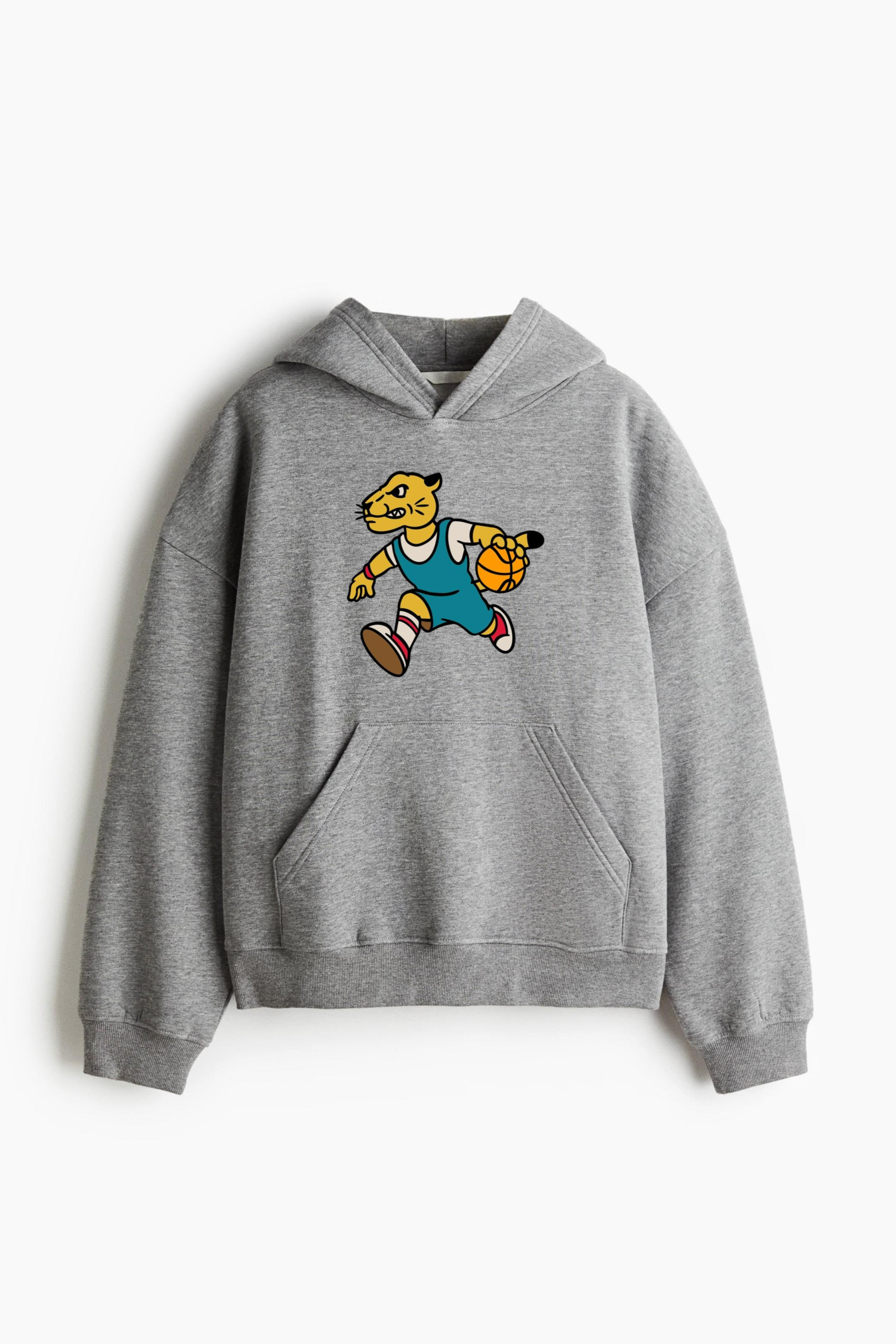 Cartoon Tiger Running With A Basketball Ball PP Loose-Fit Printed Hoodie